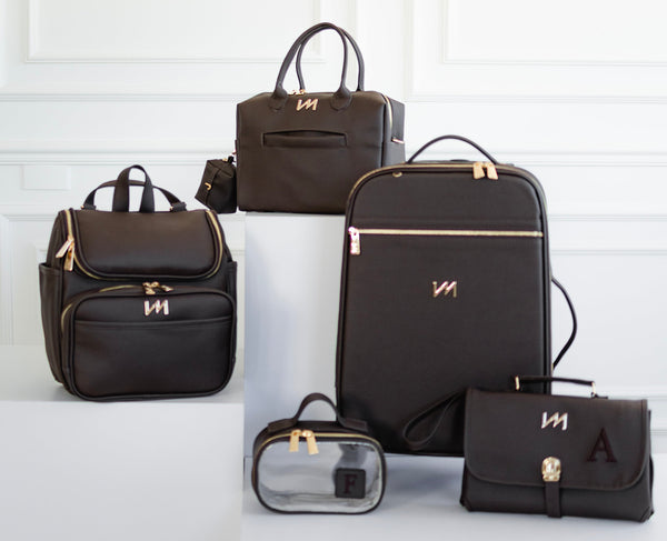 Kit Bolsas Maternidade Ella Café -  Mala de rodinhas, Mochila 2 em 1, Madison Mini, trocador portátil e necessaire Cristal PP