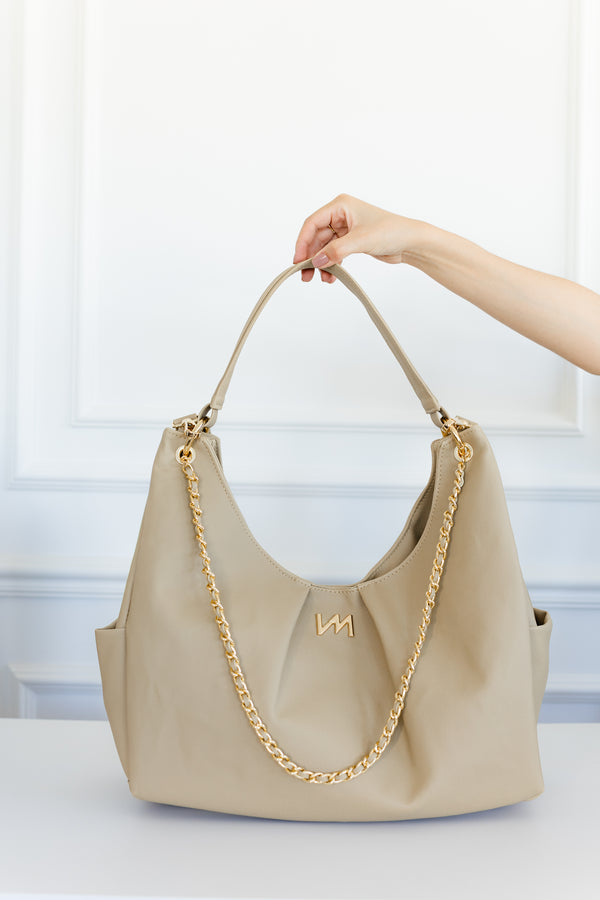 Kit Bolsas Maternidade Ella Bege - Mala de rodinhas, Bolsa Madeleine, Mochila 2 em 1 e trocador portátil.