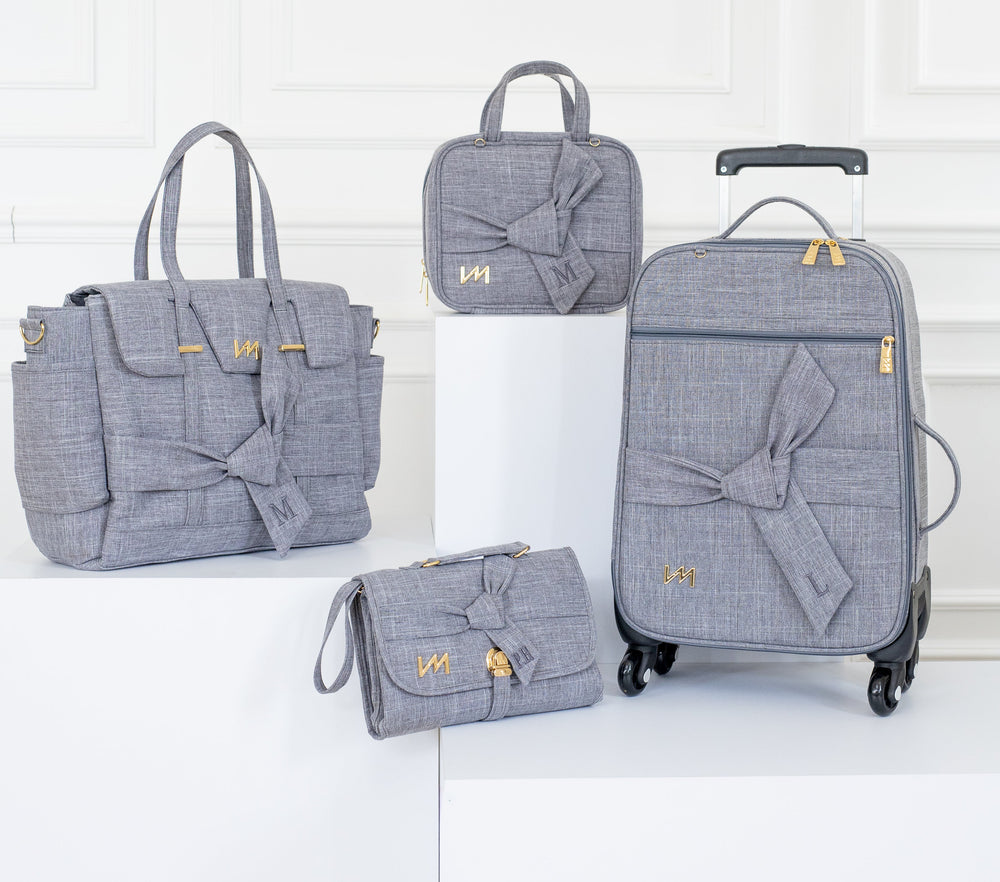 Kit Bolsas Maternidade Nós Cinza - Mala de rodinhas, Bolsa Cleo, Frasqueira térmica e Trocador Portátil