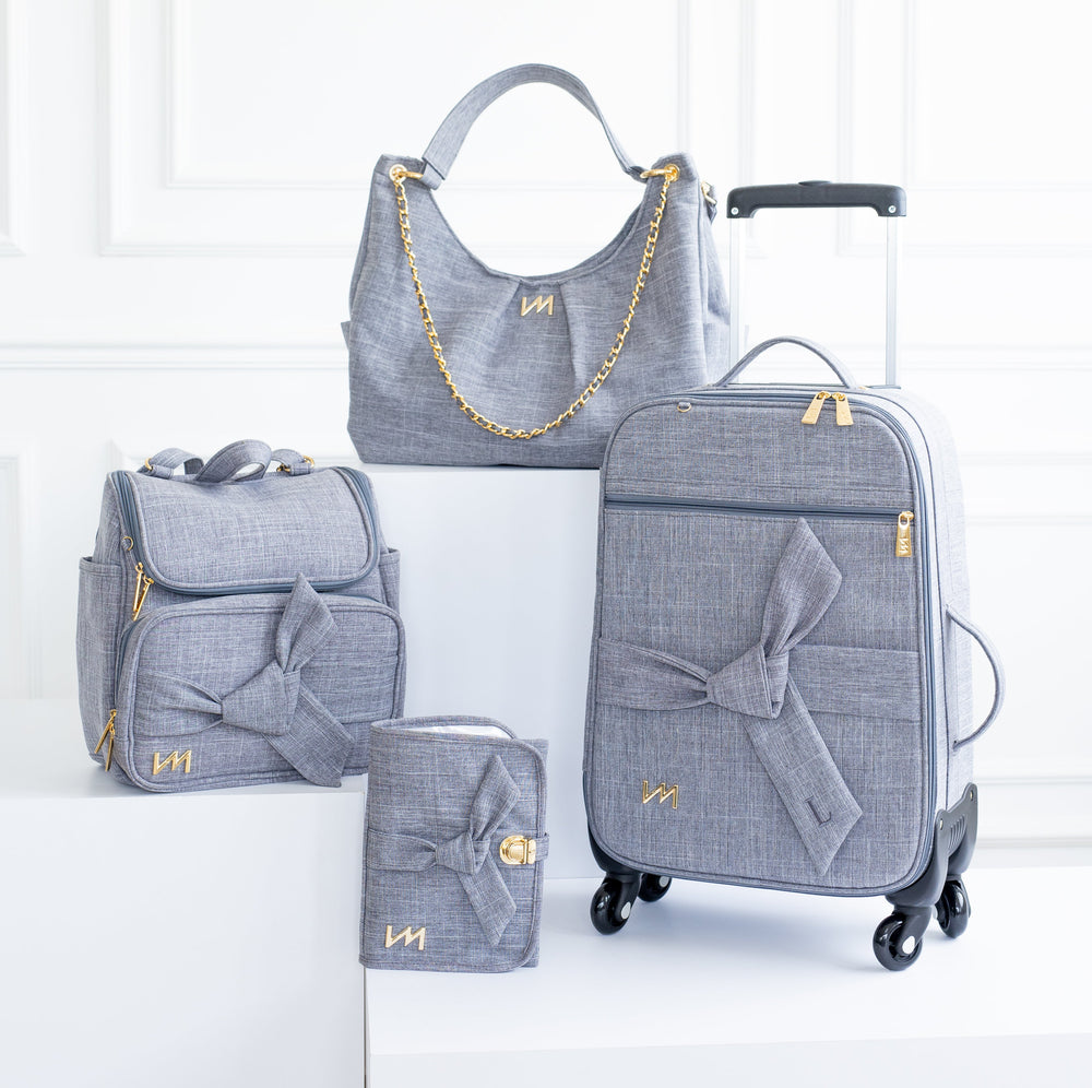 Kit Bolsas Maternidade Nós Cinza - Mala de rodinhas, Bolsa Madeleine, Mochila 2 em 1 e kit porta documentos.