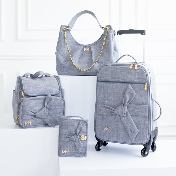 Kit Bolsas Maternidade Nós Cinza - Mala de rodinhas, Bolsa Madeleine, Mochila 2 em 1 e kit porta documentos.