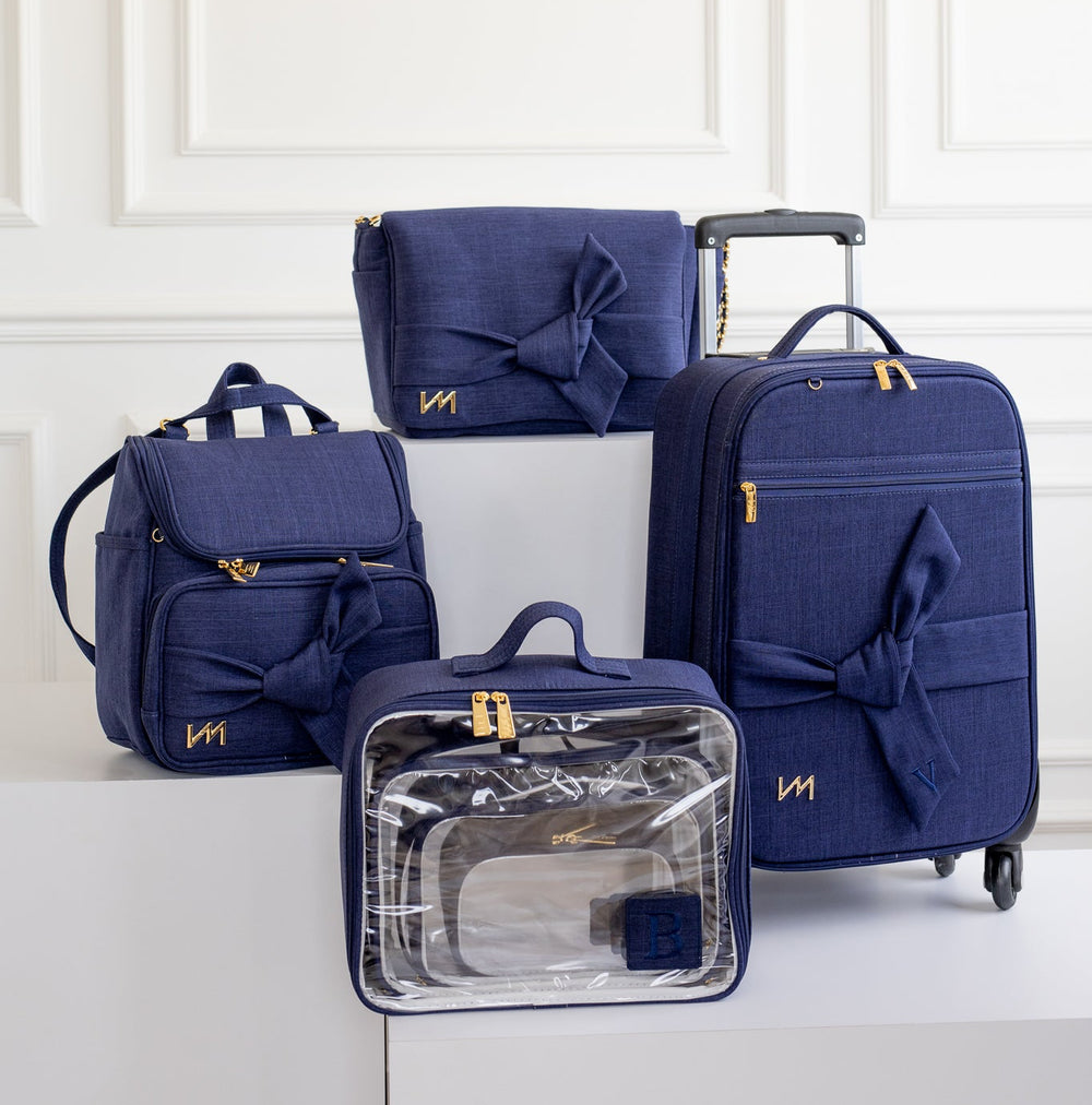 Kit Bolsas Maternidade Nós Marinho - Mala de rodinhas, Bolsa Kate, Mochila 2 em 1 e Kit Cristal.