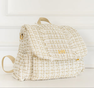 Kit Bolsas Maternidade Tweed Bege - Mala de rodinhas, Mochila Mummy, Frasqueira térmica, trocador Portátil e necessaire cristal PP.