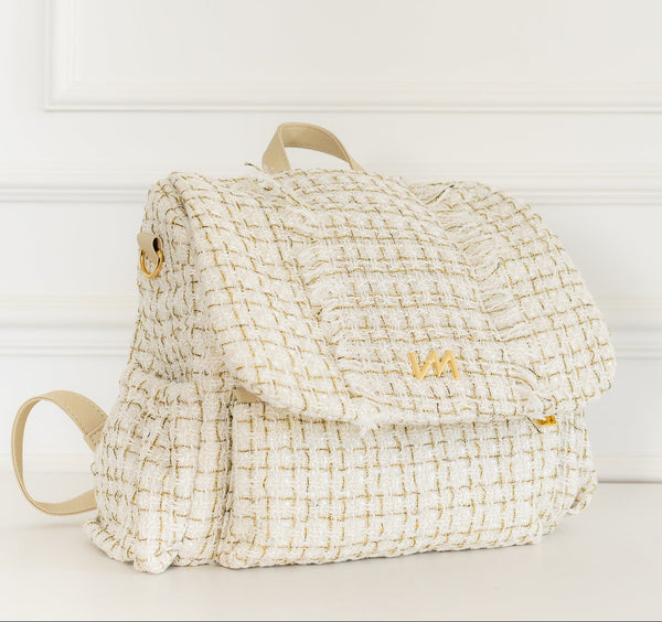 Kit Bolsas Maternidade Tweed Bege - Mala de rodinhas, Mochila Mummy, Frasqueira térmica, trocador Portátil e necessaire cristal PP.