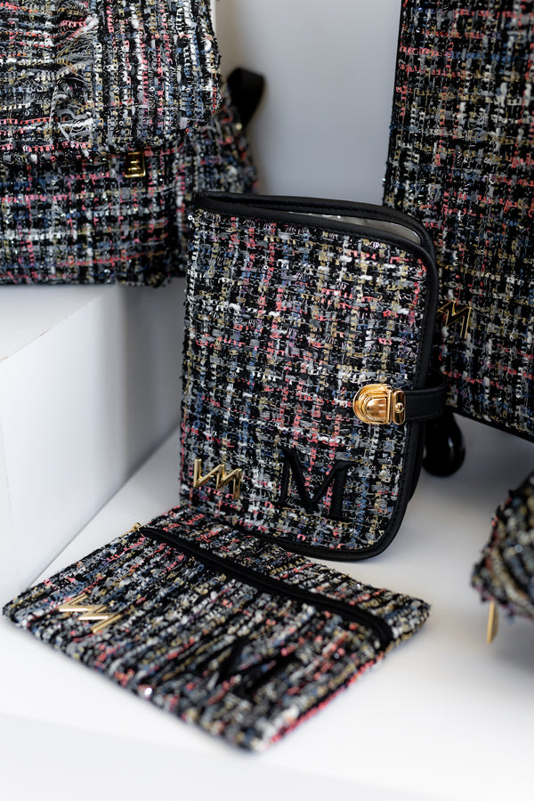 Kit Bolsas Maternidade Tweed Preto - Mala de rodinhas, Mochila Mummy, Frasqueira térmica, kit porta documentos e kit de necessaires.