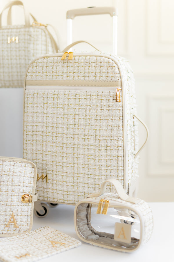 Kit Bolsas Maternidade Tweed Bege - Mala de rodinhas, Mochila Mummy, Frasqueira térmica, trocador Portátil e necessaire cristal PP.