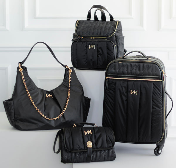 Kit Bolsas Maternidade Urban Chic preto - Mala de rodinhas, Mochila 2 em 1 , Madeleine e trocador portátil.