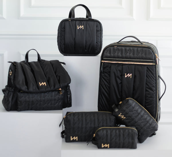 Kit Bolsas Maternidade Urban preto - Mala de rodinhas, mochila Mummy, frasqueira térmica e kit de necessaires.