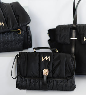 Kit Bolsas Maternidade Urban Chic preto - Mochila Mummy, Bolsa Cleo, Frasqueira térmica e trocador portátil.