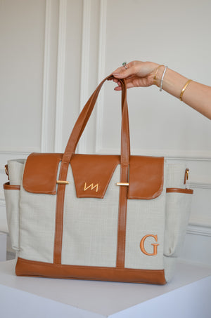 Bolsa Cleo Linho bege com caramelo inicial G OUTLET