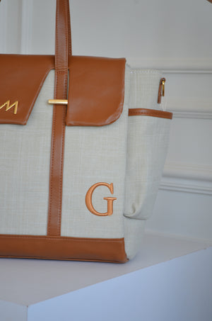 Bolsa Cleo Linho bege com caramelo inicial G OUTLET