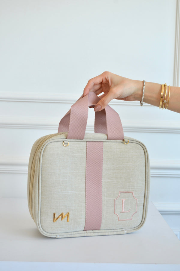 Frasqueira Térmica Glam linho Bege com fita rosé bordado brasão L