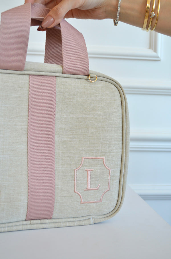 Frasqueira Térmica Glam linho Bege com fita rosé bordado brasão L