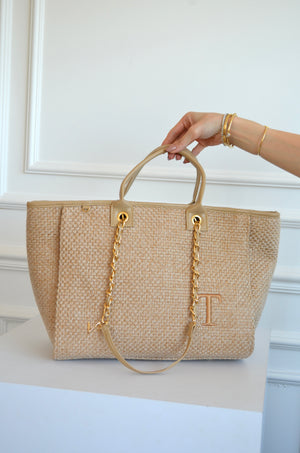 Bolsa Cloé Tressê Palha bordado inicial T OUTLET