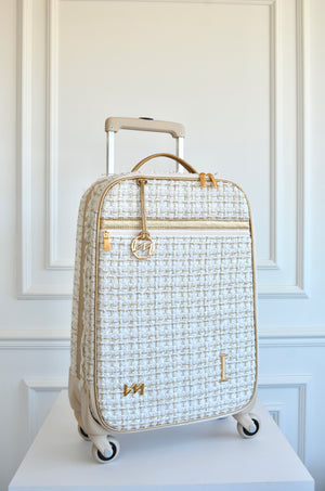 Mala de Rodinhas Tweed Bege com ouro bordado inicial I OUTLET