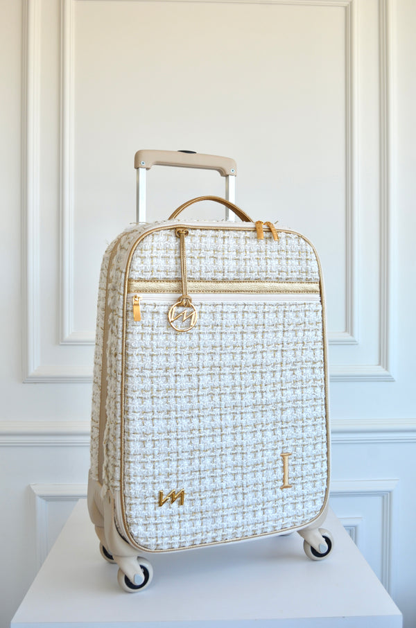 Mala de Rodinhas Tweed Bege com ouro bordado inicial I OUTLET