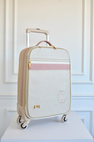 Mala de Rodinhas Glam Bege com fita Rosé brasão inicial I OUTLET