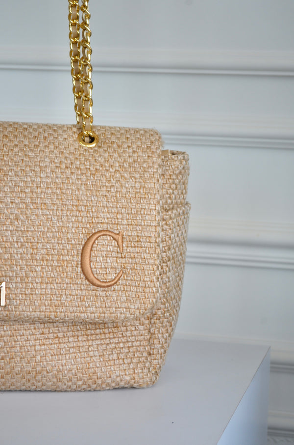 Bolsa Kate Tressê Palha bordado inicial C OUTLET