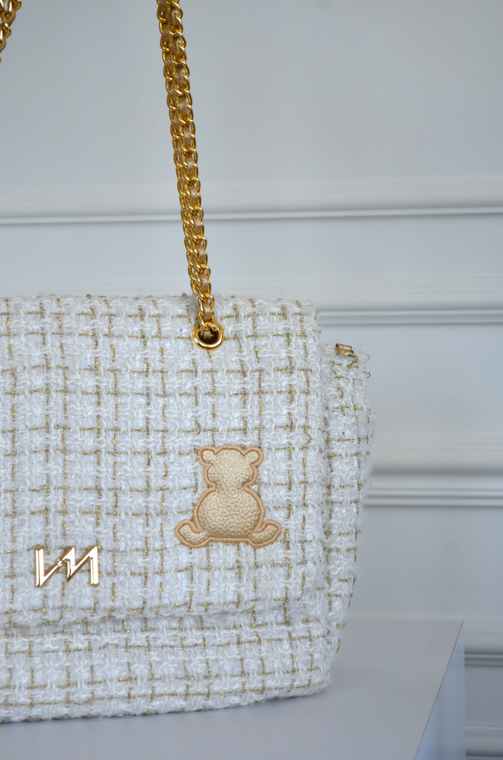 Bolsa Kate Tweed Bege com dourado bordado urso OUTLET