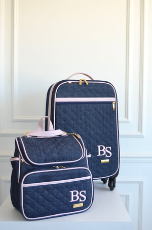 Kit mala de rodinhas e mochila 2 em 1 jeans com rosé bordado BS OUTLET