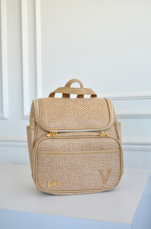 Mochila 2 em 1 tressê palha bordado inicial V OUTLET