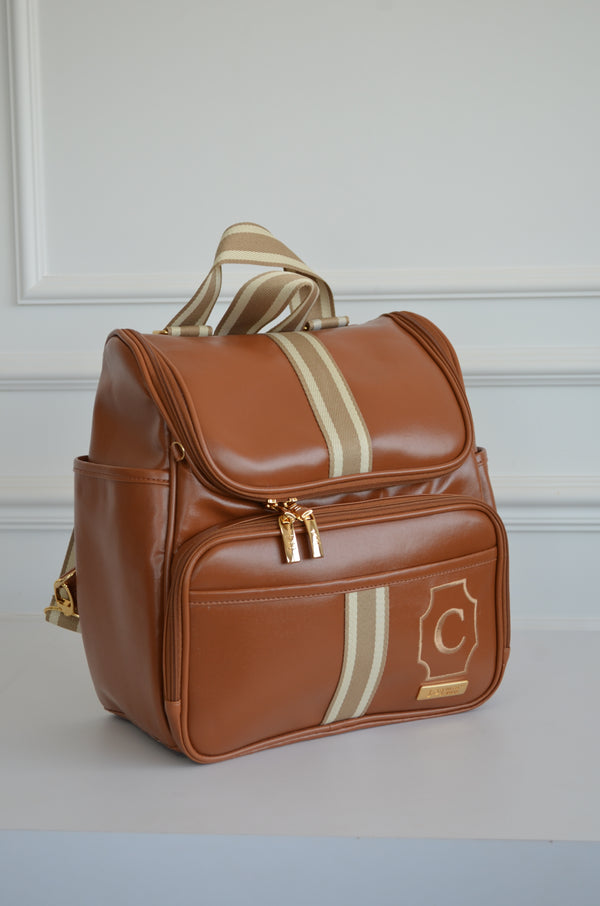 Mochila 2 em 1 GLAM caramelo com fita listrada brasão 73 C OUTLET